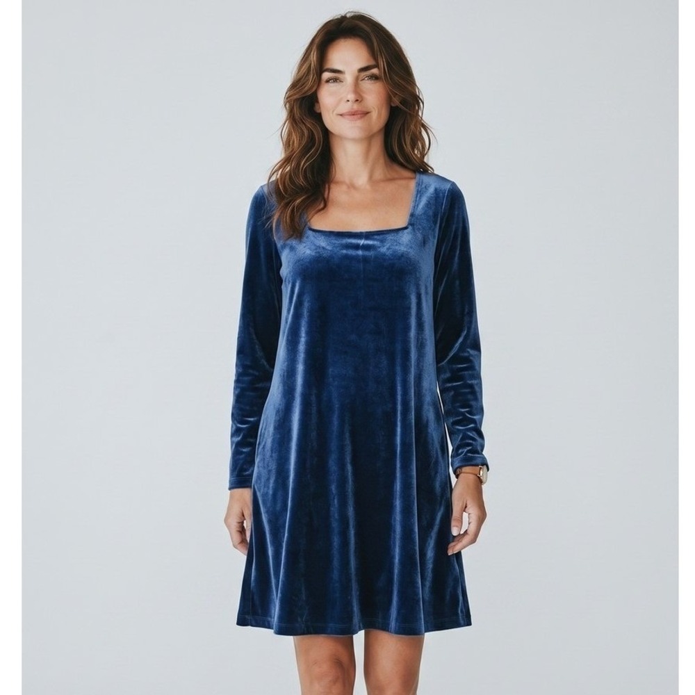Lands End Navy Blue‎ Velvet Long Sleeve Shift Dress with Pockets L 14-16